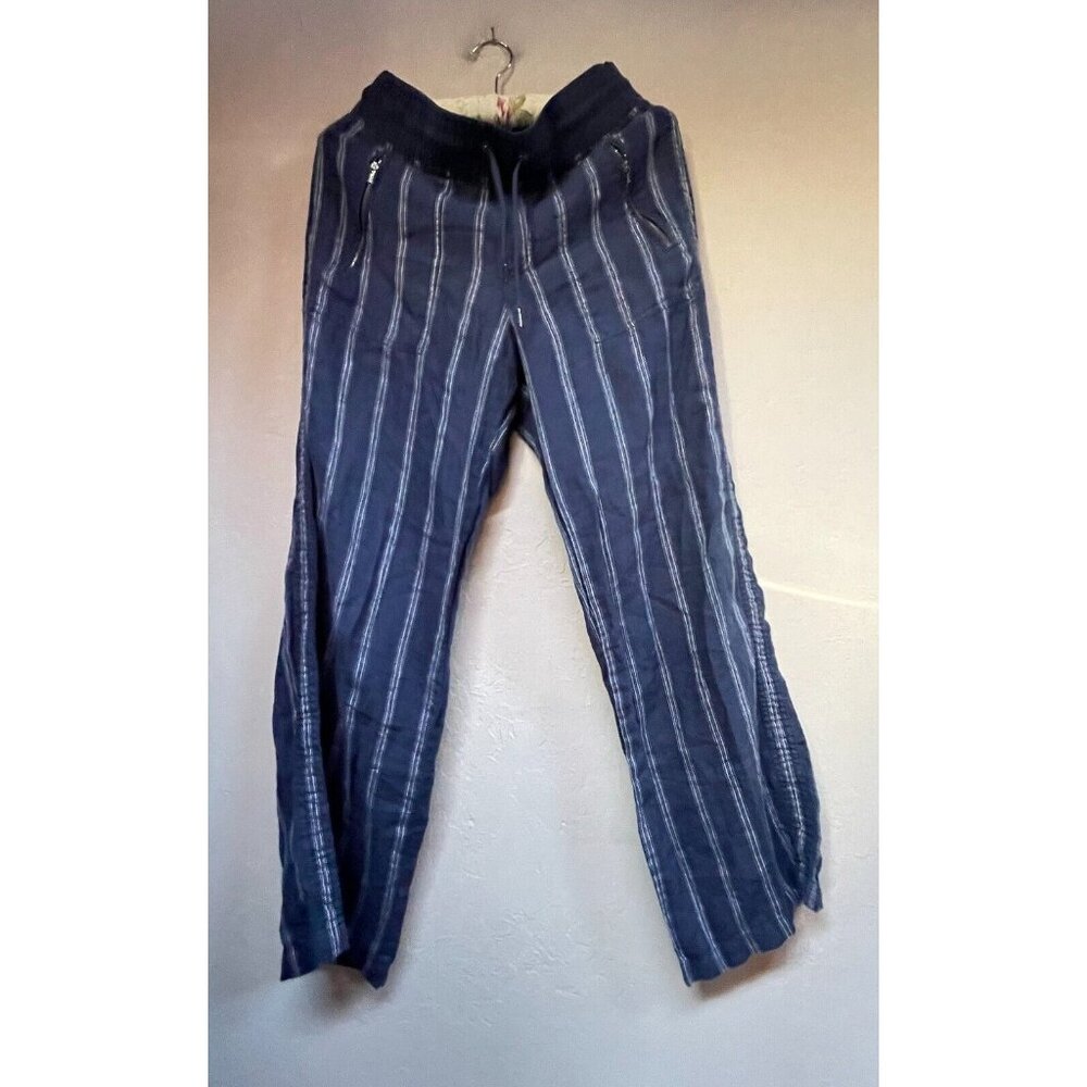 Athleta Women's Blue Striped Cabo Tide Linen Wide Leg Pants Size 6 Zip Pockets